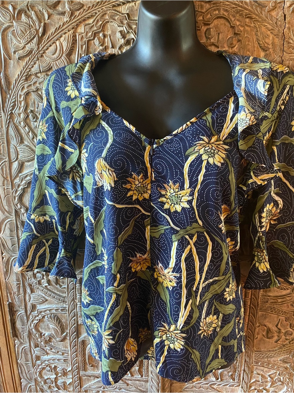 Boohoo Navy Floral V-Neck Blouse with Yellow & Green Print
